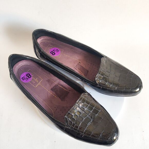 Clarks 8.5 Wide Croc Print Slip-On Loafer 30974 Green Leather Comfort Shoes - Picture 9 of 11